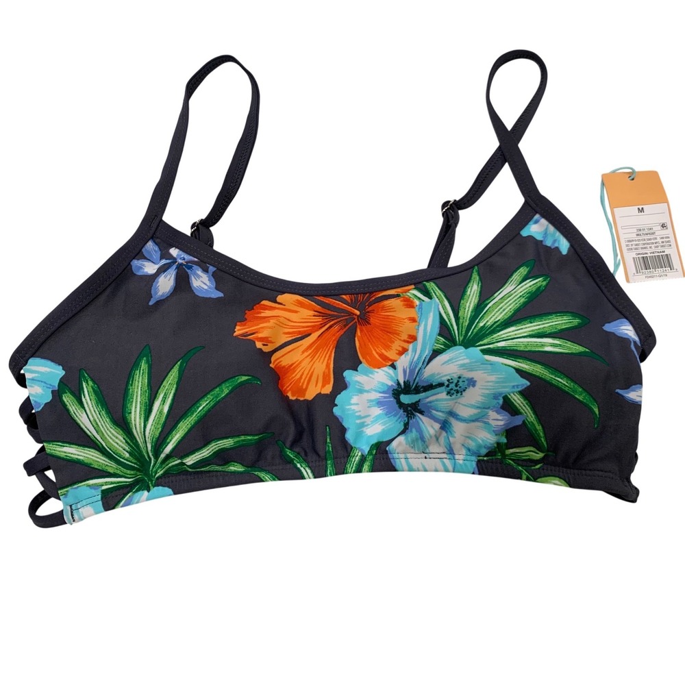 Kona Sol Floral Bikini Top M Recycled‎ Tropical Hibiscus Strappy Womens